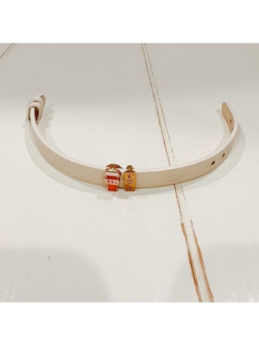 Stella & Dot Beige Leather Bracelet with PSL & Initial Charms – Adjustable